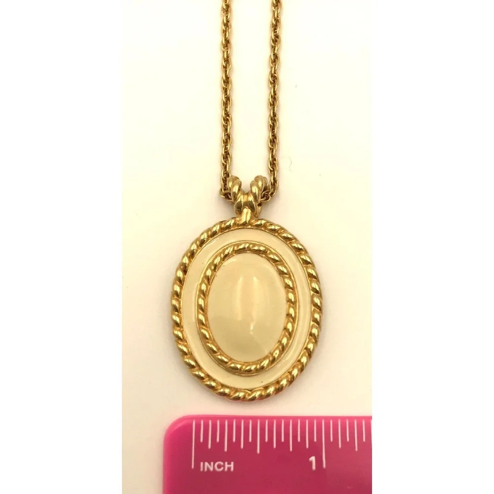 Monet Vintage Gold Tone Oval Cream Enamel Rope Border Pendant Necklace 24 Inch